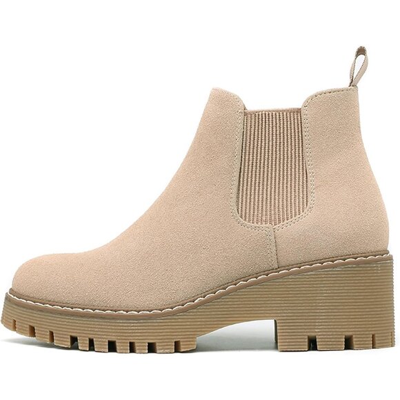 Womens Nude Faux Leather Low Wedge Heel Slip On Chunky Platform Ankle Boots - Picture 3 of 8